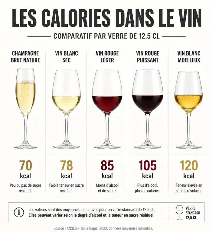 Infographie comparative des calories par type de vin pour identifier le vin le moins calorique