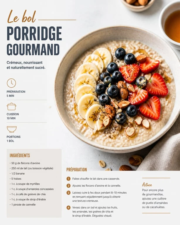 Bol de porridge maison crémeux avec fruits et noix, recette de porridge saine et gourmande