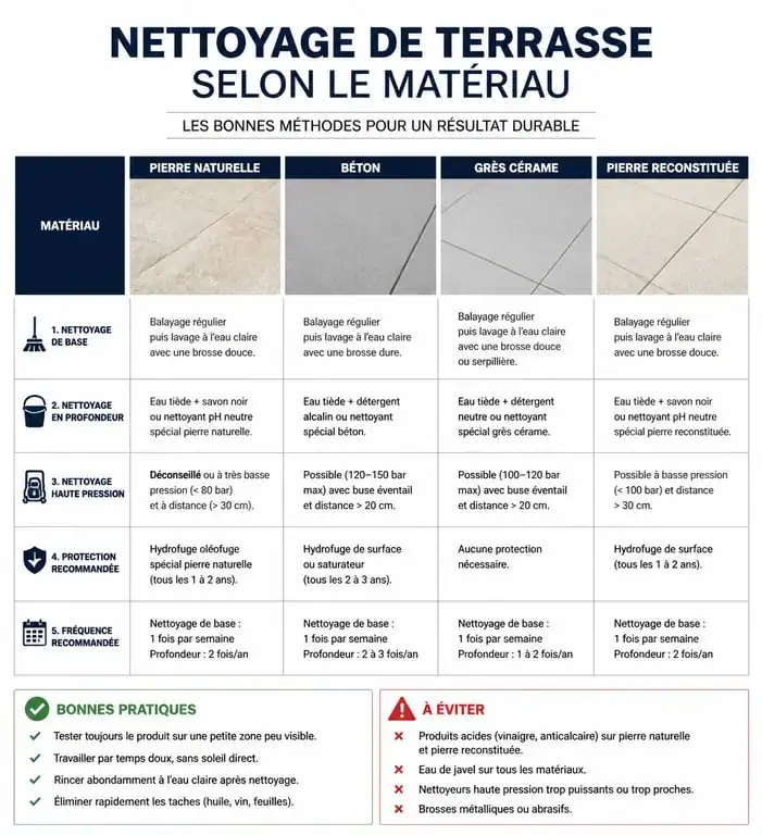 Infographie comparative des méthodes pour nettoyer dalle de terrasse selon le matériau