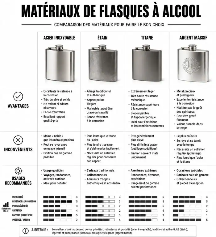 Infographie comparative des matériaux pour flasque alcool : acier, étain, titane et argent.