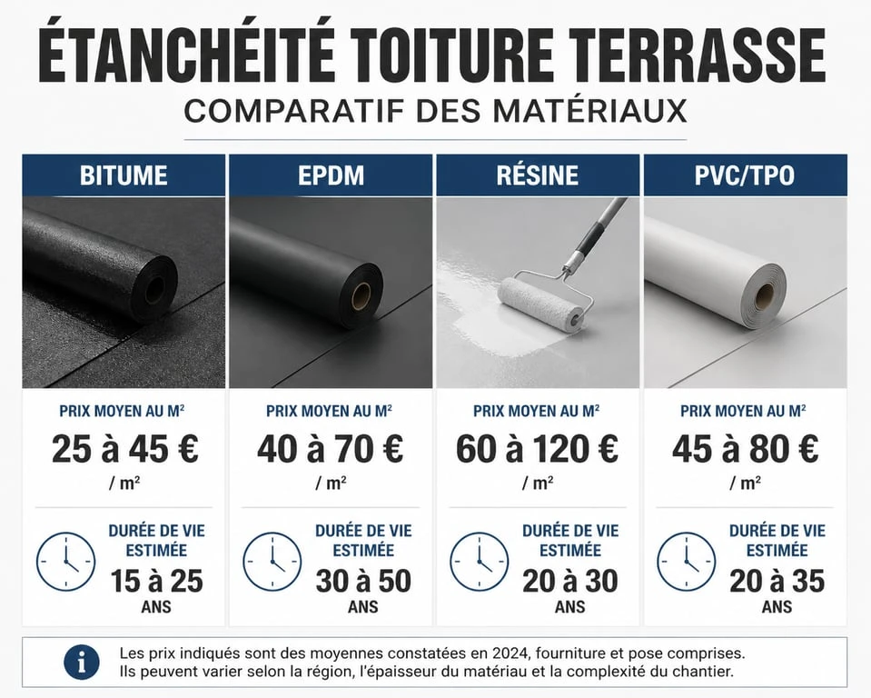 Comparatif des prix et durées de vie des matériaux pour l'étanchéité toit terrasse au m2