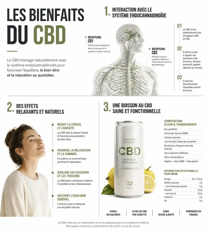 Infographie sur les bienfaits et la composition de la boisson Chilled au CBD