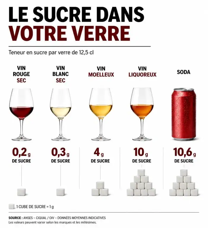 Infographie comparant la teneur en sucre dans un verre de vin selon le type de vin et par rapport à un soda