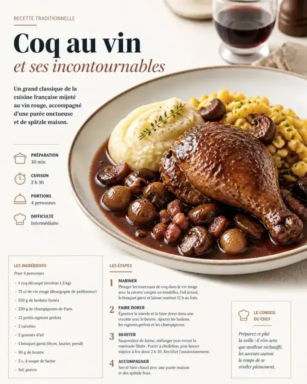 Coq au vin traditionnel accompagné de purée maison et spätzle