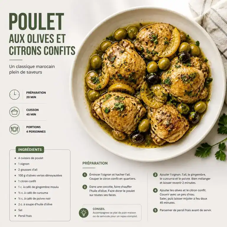 Poulet aux olives et citrons confits, plat emblématique du menu type régime méditerranéen