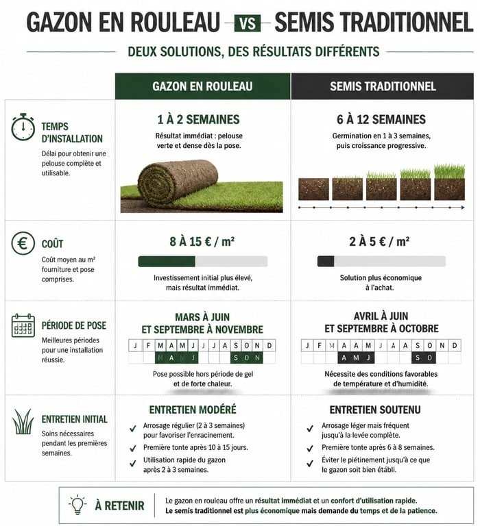 Infographie comparative : gazon en rouleau versus semis pour choisir sa pelouse