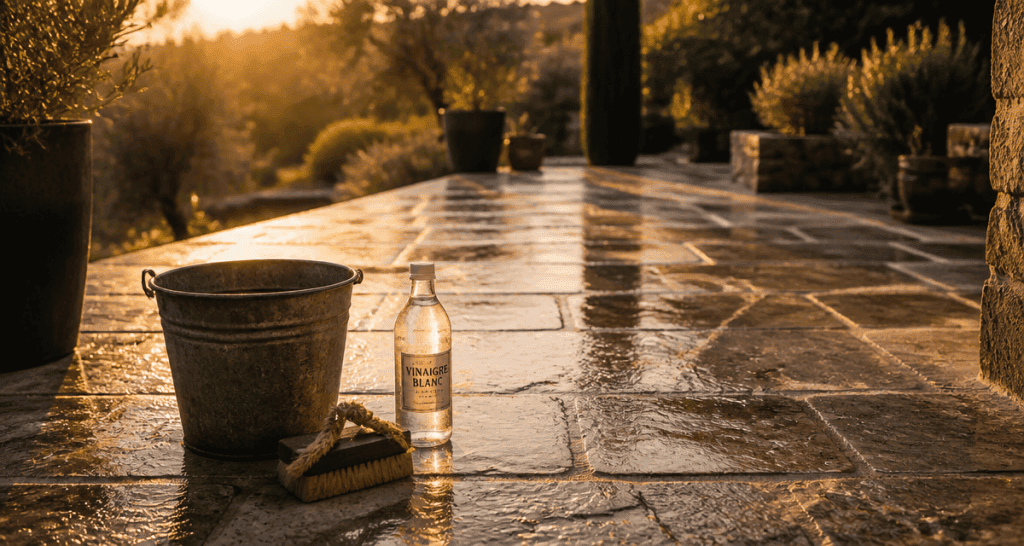 nettoyage dalle terrasse vinaigre blanc seau brosse