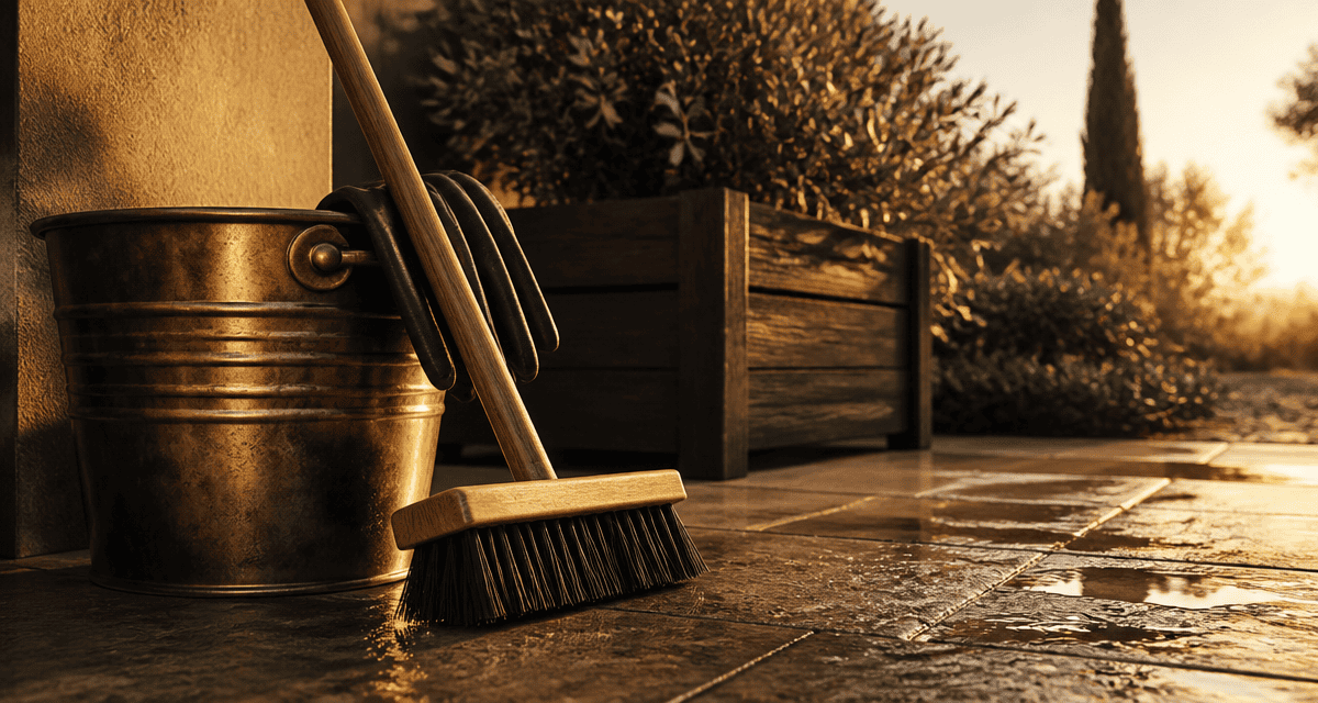 nettoyer dalle de terrasse avec balai brosse et seau
