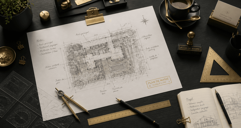 Plan masse annoté sur bureau architecte