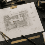 Plan masse annoté sur bureau architecte
