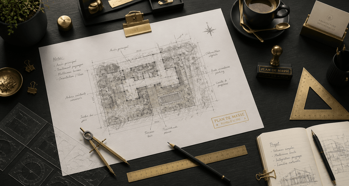 Plan masse annoté sur bureau architecte