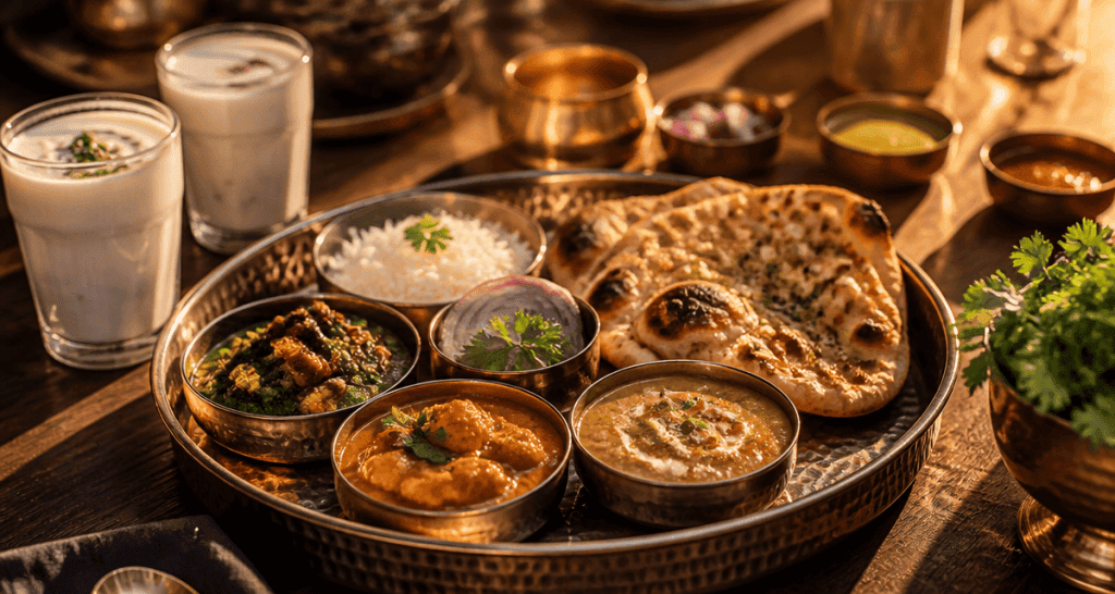 Repas indien thali avec curry, naan et lassi