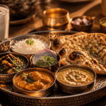 Repas indien thali avec curry, naan et lassi