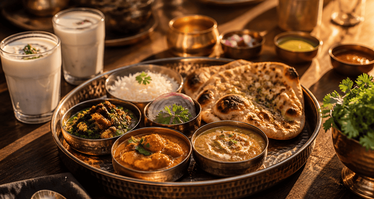 Repas indien thali avec curry, naan et lassi