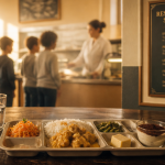 plateau repas restaurant scolaire avec enfants et serveuse