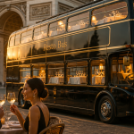 resto bus élégant devant monument au soleil couchant