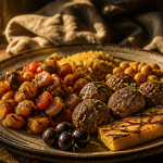 Accompagnement ratatouille avec quinoa, pois chiches et boulettes