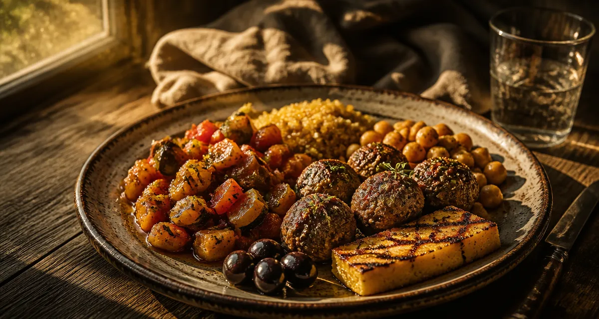 Accompagnement ratatouille avec quinoa, pois chiches et boulettes