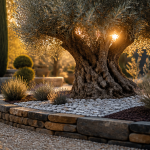 amenagement olivier jardin avec galets blancs et muret pierre