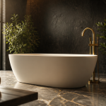 baignoire de salle de bain îlot blanche sur sol marbre