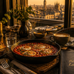Brunch à Londres shakshuka et flat white près fenêtre