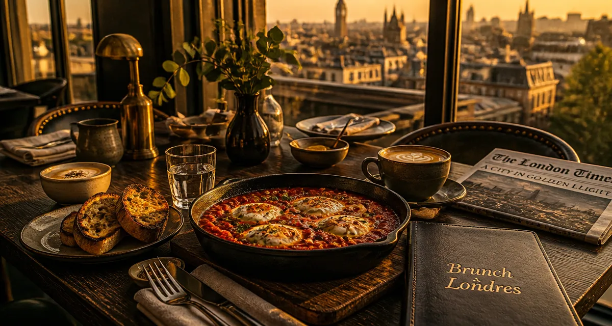 Brunch à Londres shakshuka et flat white près fenêtre