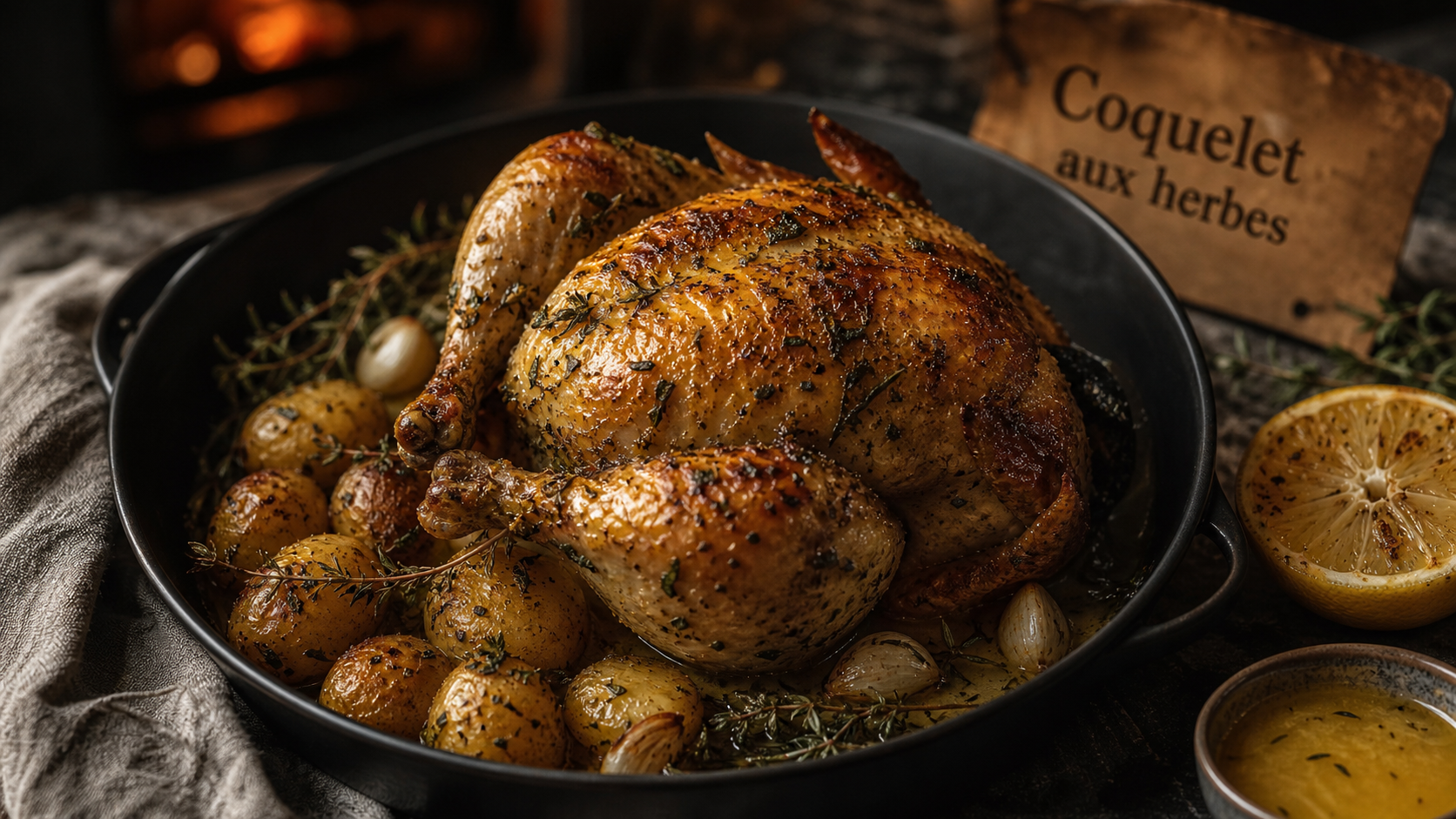 Coquelet au four aux herbes, peau croustillante