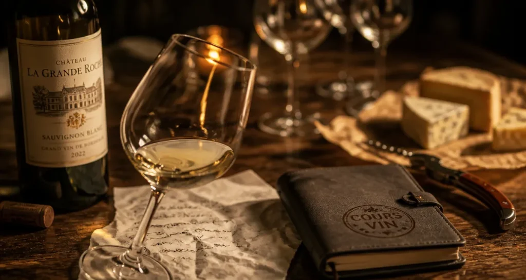 Cours sur le vin : verre et carnet de formation sur table