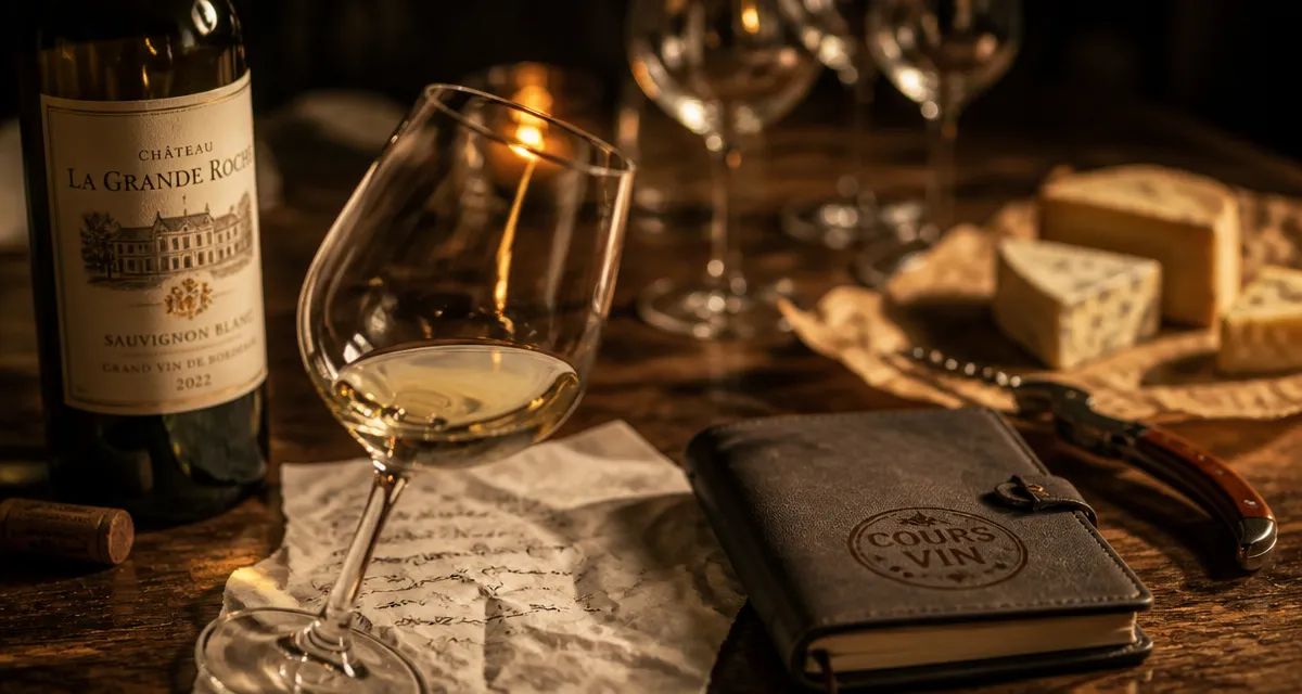Cours sur le vin : verre et carnet de formation sur table