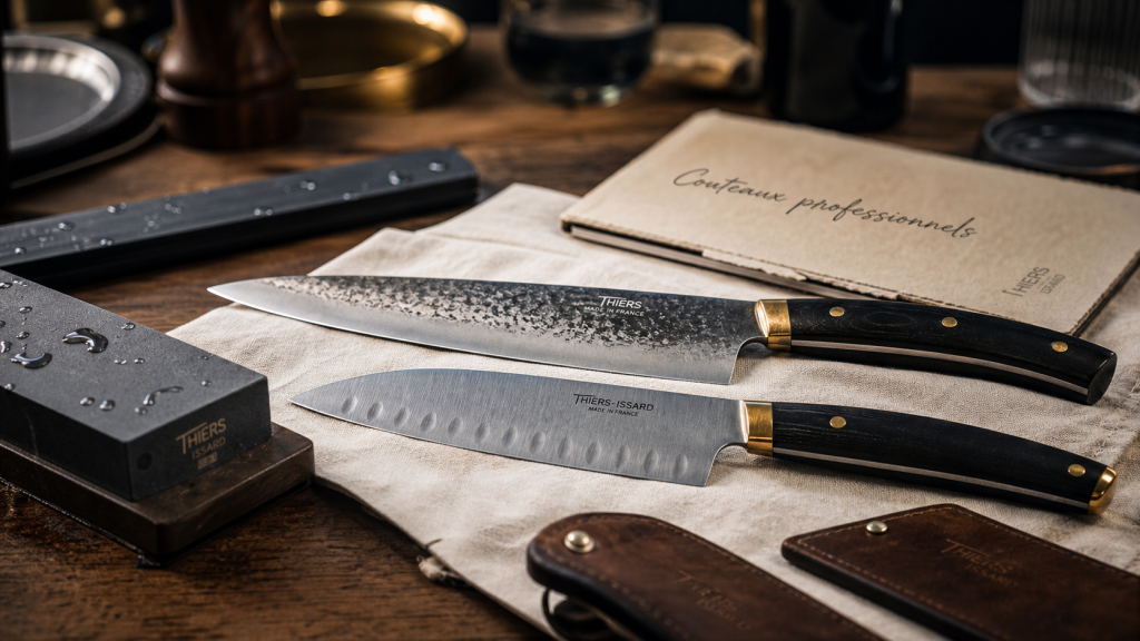 Couteaux professionnels de cuisine : couteau chef et santoku sur table bois