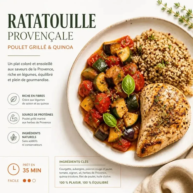 Assiette de ratatouille provençale avec accompagnement de quinoa et poulet grillé