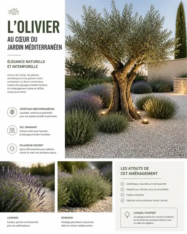 Aménagement paysager autour d'un olivier dans un jardin méditerranéen