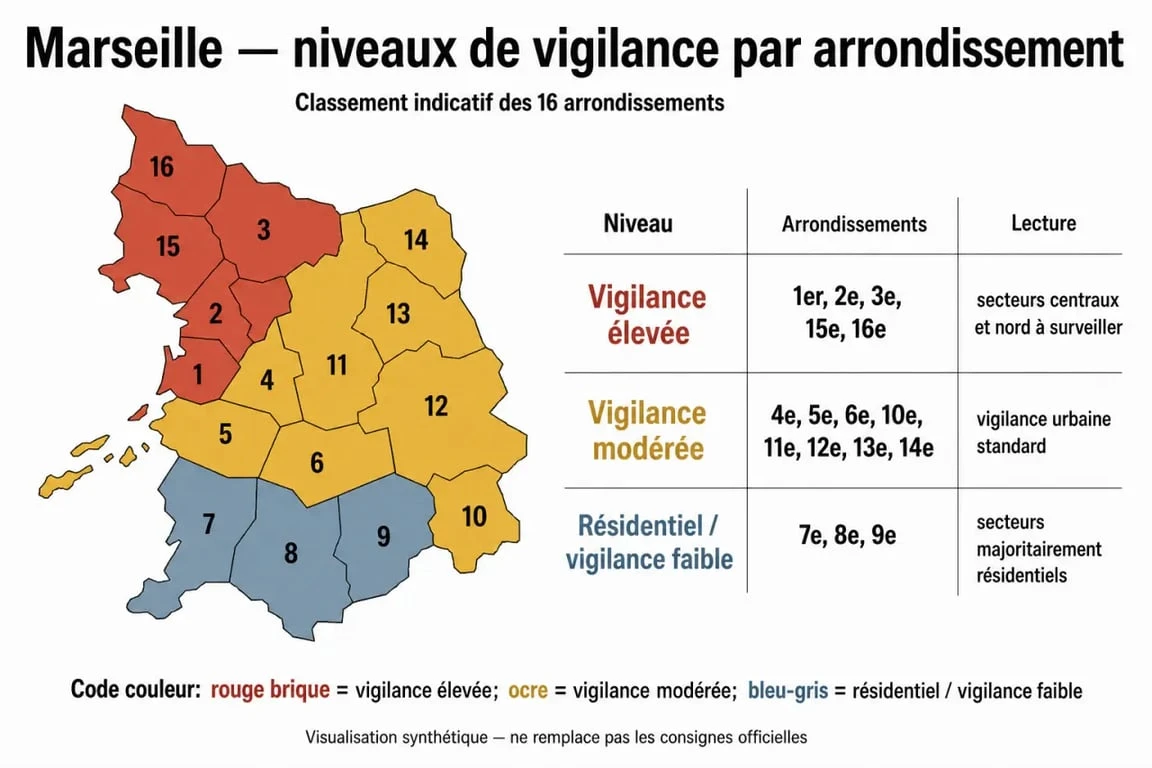Infographie des niveaux de sécurité et vigilance par arrondissement à Marseille