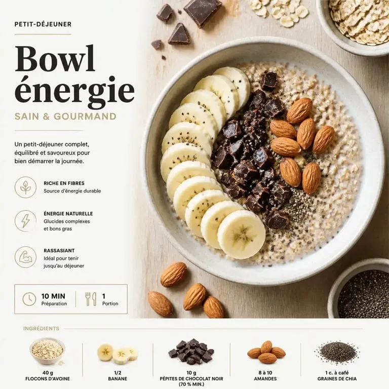 Bowl petit déjeuner sain et gourmand avec avoine, banane et chocolat