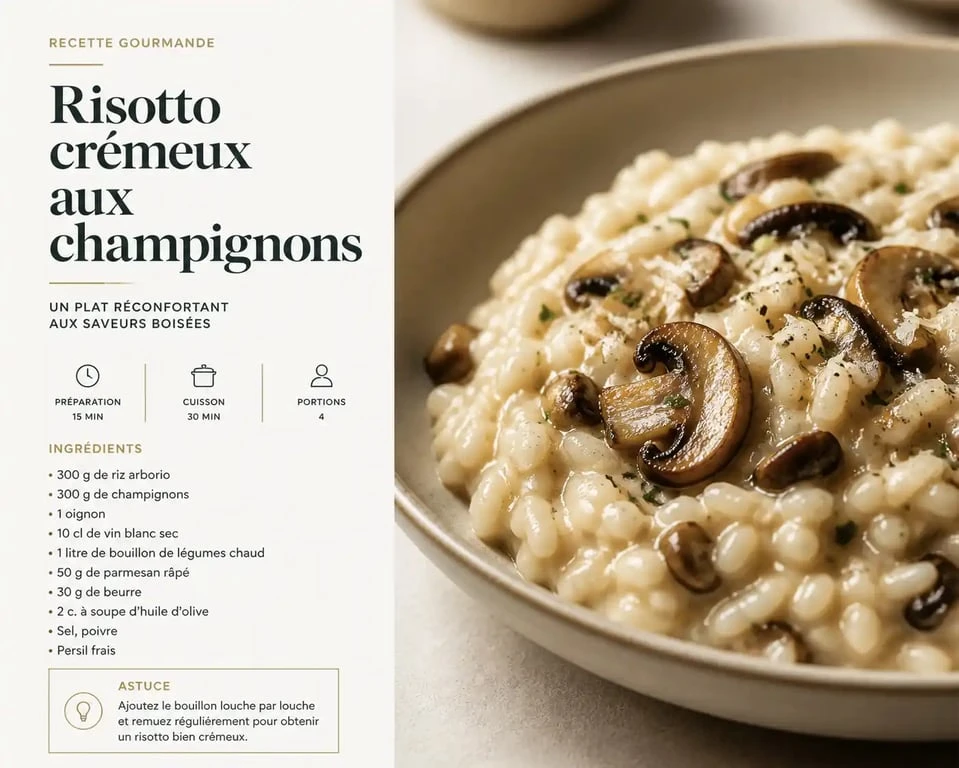 Risotto crémeux aux champignons, une alternative savoureuse pour remplacer le vin blanc dans vos recettes.