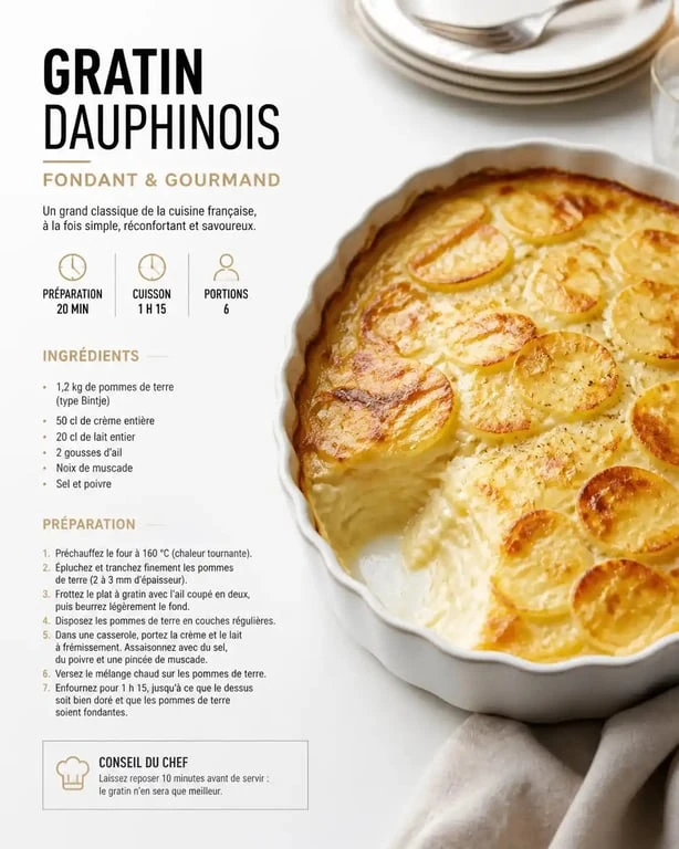 Gratin dauphinois traditionnel comme accompagnement de pommes de terre