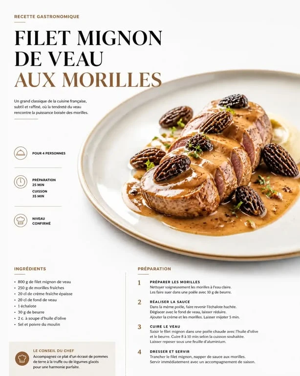 Recette filet mignon de veau gastronomique aux morilles dressé sur assiette