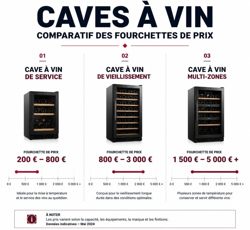 Infographie comparative des prix des caves à vin : service, vieillissement et multi-zones.