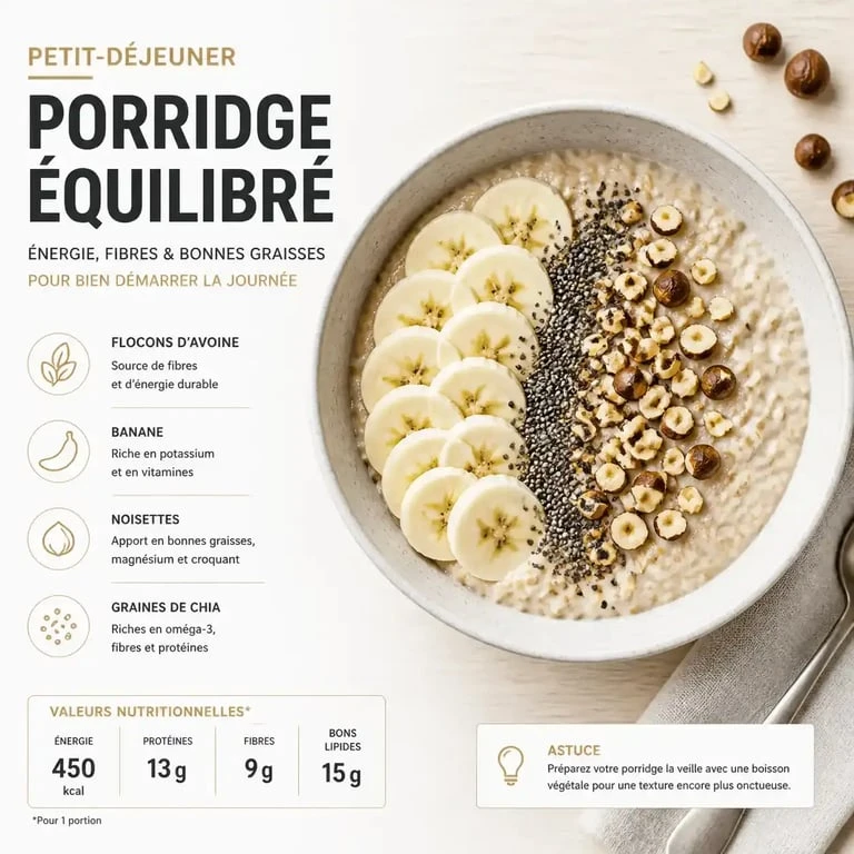 Recette de petit-déjeuner équilibré avec porridge aux flocons d'avoine, banane et noisettes