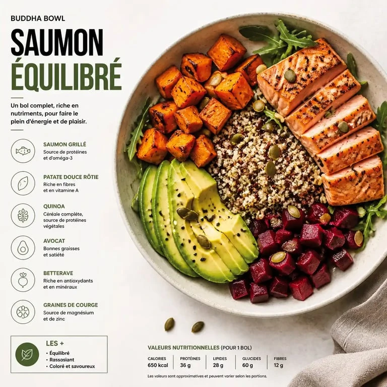 Buddha bowl au saumon et patate douce, exemple de nourriture healthy équilibrée
