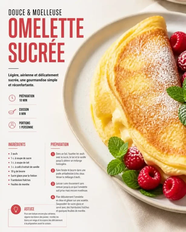 Omelette sucrée moelleuse servie avec des fruits frais et du sucre glace