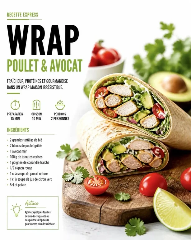 Wrap poulet avocat façon snacking premium, une recette saine et rapide pour le snacking.