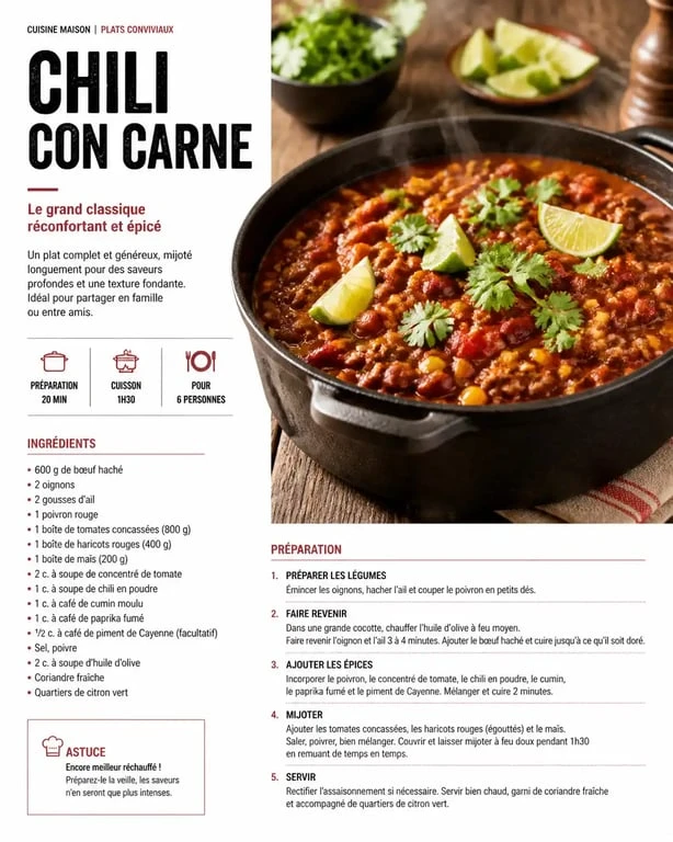 Chili con carne généreux pour un repas pour 30 personnes servi dans une grande cocotte