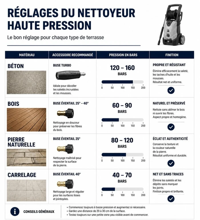 Tableau récapitulatif des réglages de nettoyeur haute pression pour nettoyer une terrasse en bois, pierre ou béton