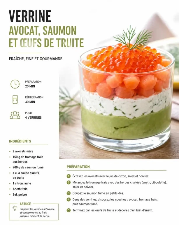 Verrine fraîcheur avocat-saumon, une idée d'entrée froide élégante et facile à préparer.