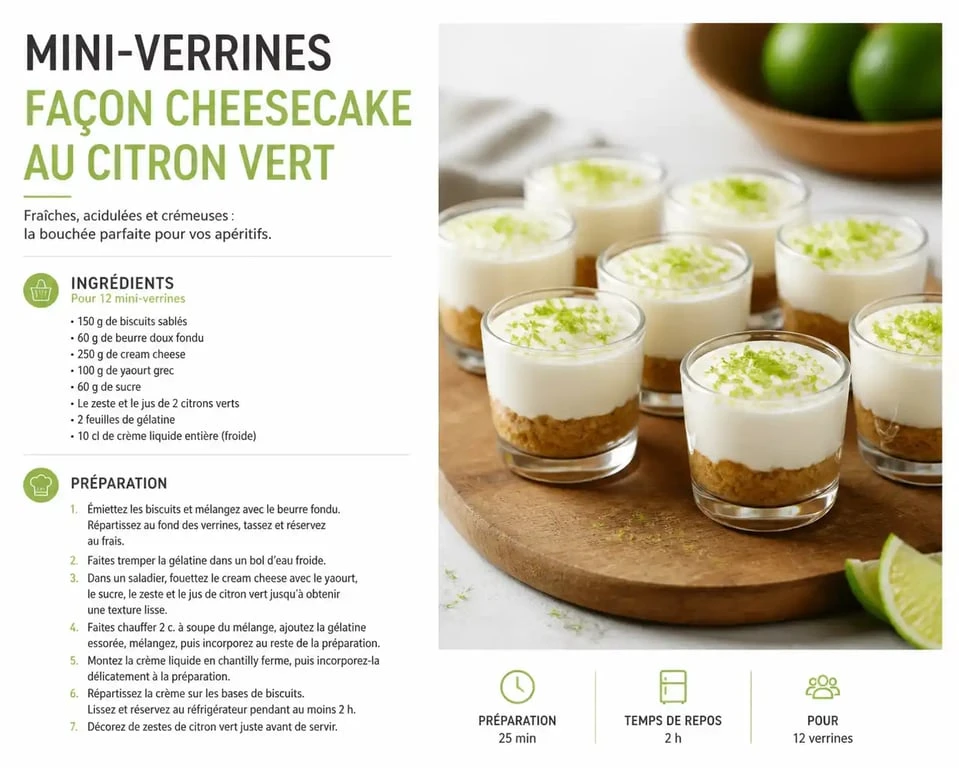 Mini-verrines façon cheesecake au citron vert, idée de dessert pour apéro dînatoire