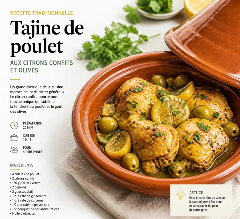 Tajine de poulet aux citrons confits et olives, un plat à base de poulet savoureux et traditionnel