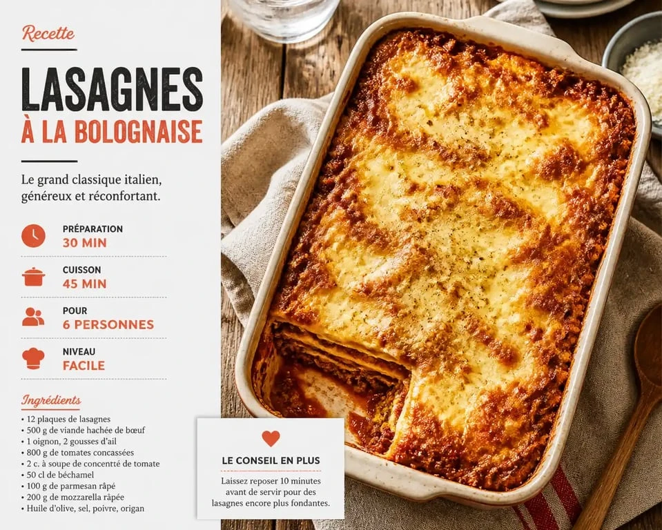 Lasagnes maison pour 10 personnes servies dans un grand plat familial