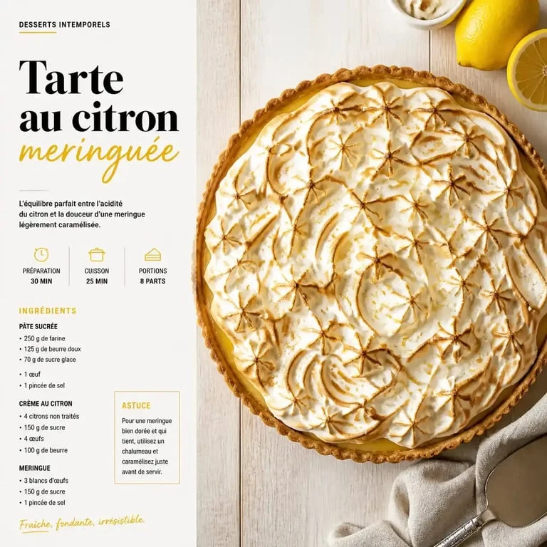 Tarte au citron meringuée maison, une recette de tarte sucrée gourmande et facile à réaliser.