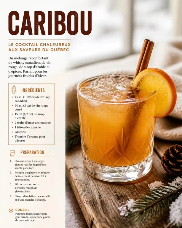 Cocktail Caribou traditionnel, une boisson emblématique à base d'alcool canadien, servie dans un verre élégant.